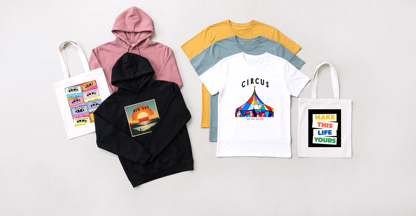 Collection of hoodies, t-shirts, and tote bags with various designs inspired by Take That